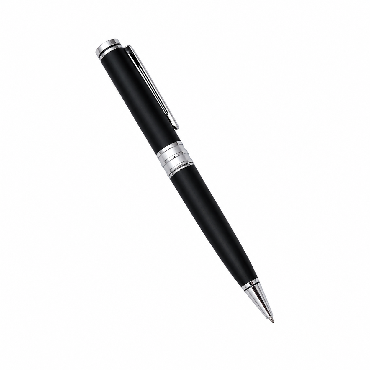 WALIV Midnight Ring ball pen — matte black & chrome finish, studio photograph.