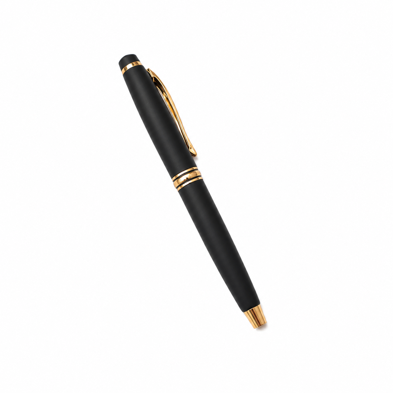 WALIV Onyx Clip roller pen — matte black & gold finish, studio photograph.