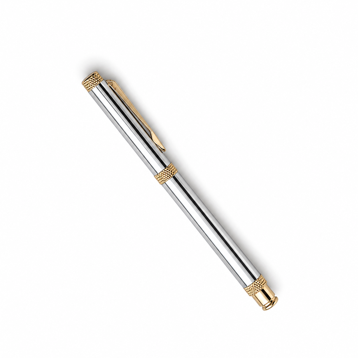 WALIV Sterling Aurum roller pen — chrome & gold finish, studio photograph.