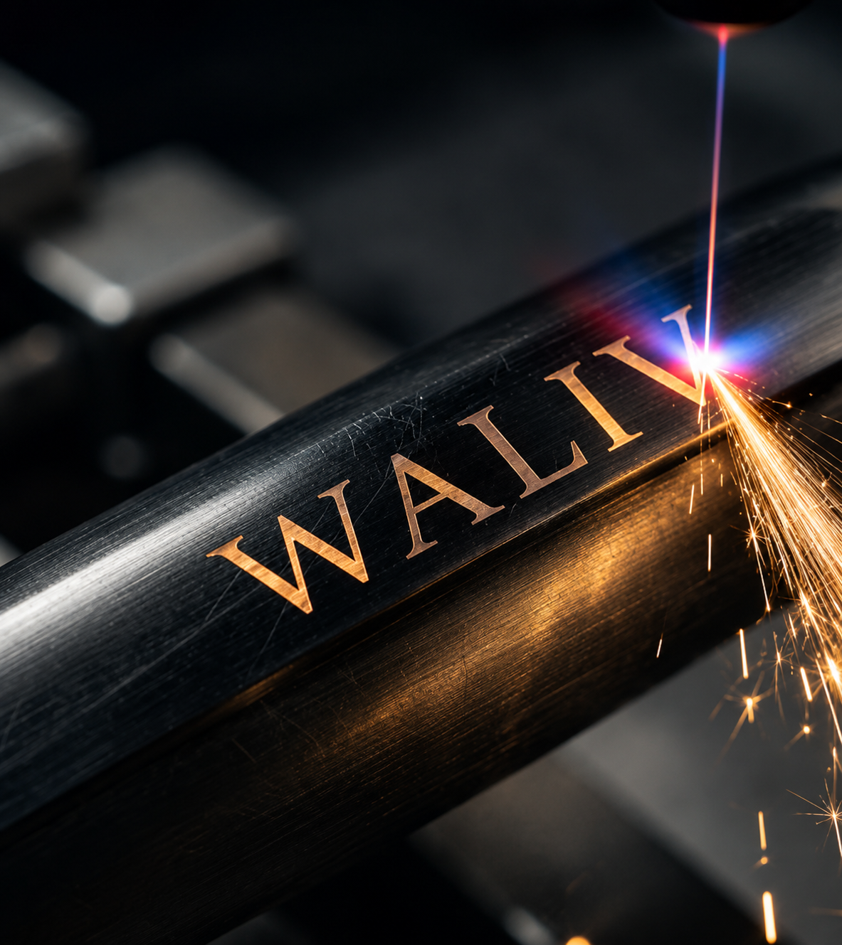 A laser etching the WALIV name in gold into a pen barrel, fine sparks flying.